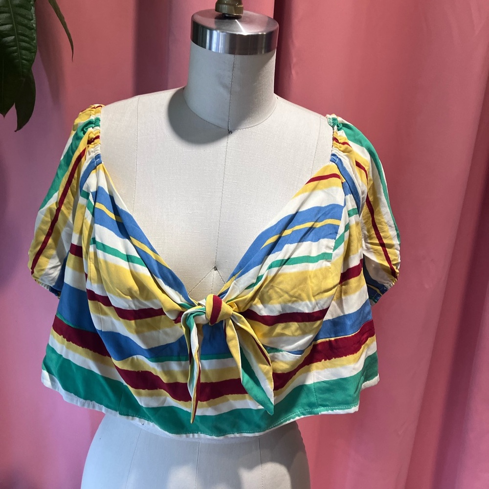 Hell Bunny Green and Yellow Crop Tie Front Top